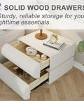 Level Up Your Bedroom Setup With This Modern Leather Upholstered Nightstand Boasting Roomy Desktop Space And Two Heavy Duty Wooden Drawers For Easy Storage with opened drawers showcasing storage.