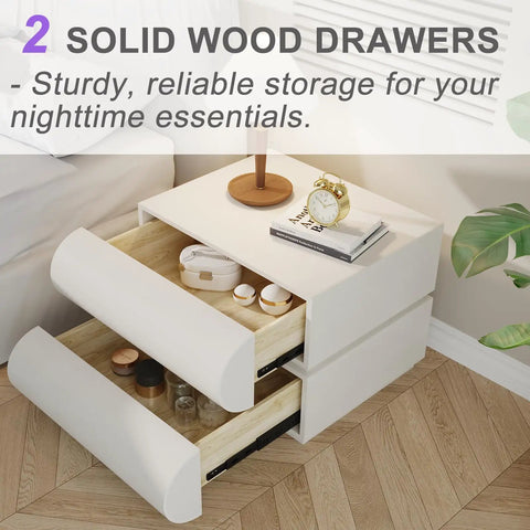 Level Up Your Bedroom Setup With This Modern Leather Upholstered Nightstand Boasting Roomy Desktop Space And Two Heavy Duty Wooden Drawers For Easy Storage with opened drawers showcasing storage.