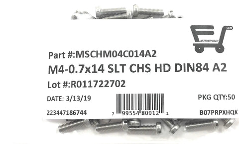 M4 X 14mm Stainless Steel Slotted Cheese Head Machine Screws DIN 84 A2 Grade Fasteners in pack label showing quantity.