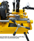 Heavy Duty One Horsepower Electric Pipe Threader Cutting Machine For Half To Four Inch Steel Tubing With Dual Sixteen And Forty Eight RPM Settings Plus Rock Solid Four Point Nine Inch Chuck For Daily Job Site Grind control handle for precise movement
