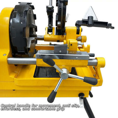Heavy Duty One Horsepower Electric Pipe Threader Cutting Machine For Half To Four Inch Steel Tubing With Dual Sixteen And Forty Eight RPM Settings Plus Rock Solid Four Point Nine Inch Chuck For Daily Job Site Grind control handle for precise movement