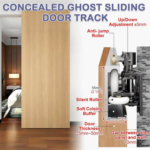 Concealed Sliding Door Kit With Soft Close For Barn Doors, Heavy Duty Ghost Track System, side view installation details