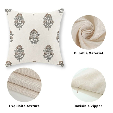 Gray Brown Linen Pillow Cover Set 18x18, 2 Pack Floral Block Print, Modern Vintage Boho Decor For Couch And Outdoor, Fade Resistant Cushion Covers, Neutral Farmhouse Throw Pillows, shown front and texture