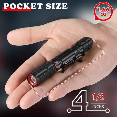 Rechargeable Pen Light 300 Lumen High Mode and 40 Lumen Low Mode EDC Pocket Flashlight shown in hand for scale