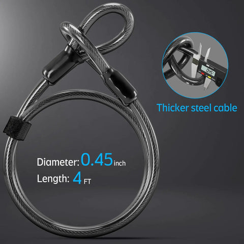 Beefed Up Heavy Duty Bike U Lock With 12 Ton Shear Strength 4ft steel cable, 0.45 inch diameter, anti-theft security feature