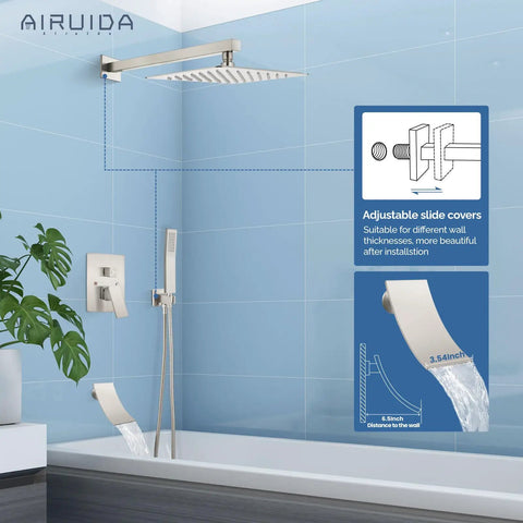Three Function Shower Faucet System With Waterfall Tub Spout And Handheld Combo, 10 Inch Wall Mount Rainfall Showerhead, Brushed Nickel Finish
