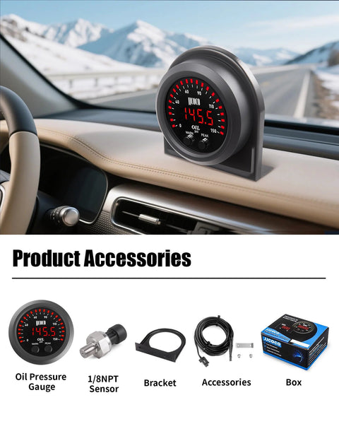 digital oil pressure gauge kit with 1/8 NPT sensor, bracket, and accessories