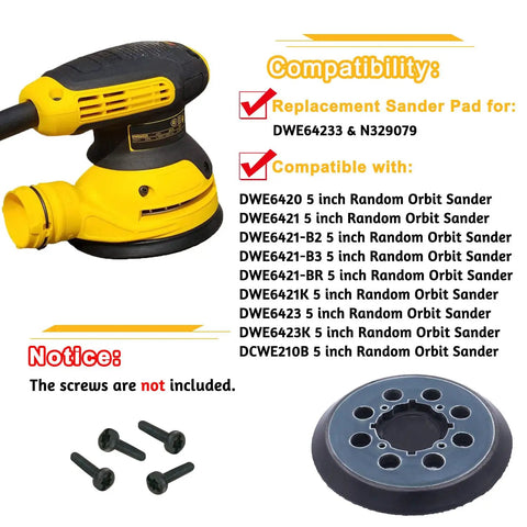 2 Pack 5 Inch 8 Hole Hook And Loop Replacement Sanding Pad shown with compatibility list and screws