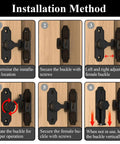 Installation steps for Wopanxye Flip Gate Latch for Barn Door shown on wooden surface, detailing secure buckling techniques.