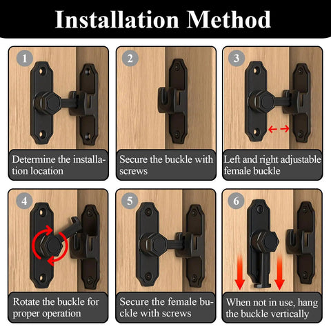 Installation steps for Wopanxye Flip Gate Latch for Barn Door shown on wooden surface, detailing secure buckling techniques.