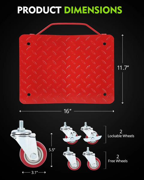 Heavy Duty Carbon Steel Tire Wheel Dollies Set Of 4 Car Movers With Anti Skid Plate And 360 Degree Rotating Wheels 16 By 13 Inches Red Each Supports Up To 1500 Lbs showing dimensions and wheel types