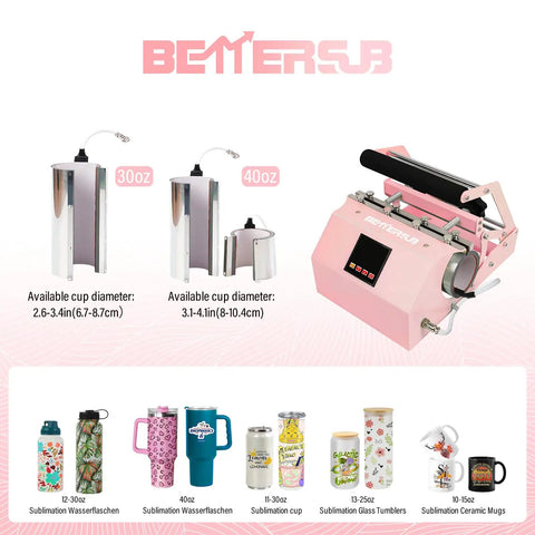 3-In-1 Tumbler Heat Press Machine For 16 Oz To 40 Oz Tumblers And 11 Oz To 15 Oz Mugs Pink DIY Cup Press With mug attachments