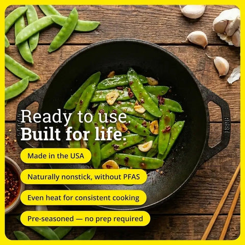 Mini Cast Iron Wok For Stir Fry Lovers With Naturally Seasoned Finish And Dual Loop Handles Compact Yet Durable Cookware For Searing Serving And Everyday Cooking 9 Inch with snow peas