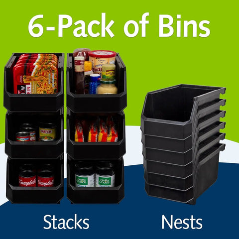 Rad Heavy Duty Stackable Plastic Storage Bins 6 Pack Black Open Front Bin For Garage Shed Cabinet Closet Organization Of Tools Cleaning Products And Gardening Gear Solid Long Lasting Durability
