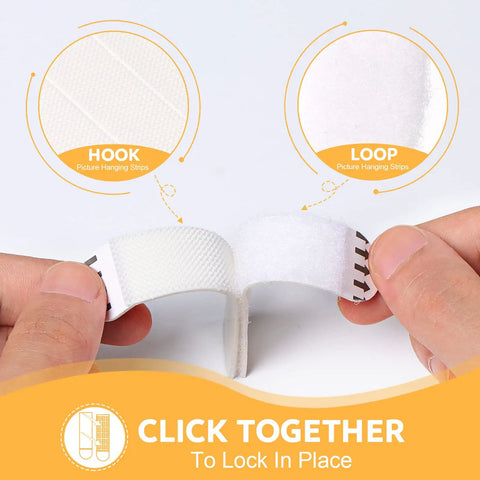 Heavy Duty Picture Hanging Strips Solid As A Rock For Wall Frames And Decor, Zero Wall Damage, Super Durable Adhesive Holds Firm Without Any Nails, No Sweat Installation, Bright White, showing hook and loop connection.