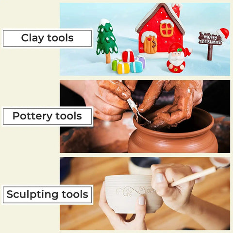 "Six Pack Clay Tools Kit For Pottery And Sculpting With Wooden Handles And Stainless Steel Tips A Dope Set For Clay Modeling Ceramics Molding DIY Carving And Pumpkin And Soap Projects With Easy Grip And Versatility" used for clay modeling, pottery, and sculpting projects.