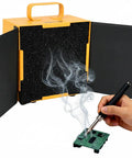 Dual Activated Carbon Filter Solder Fume Extractor With Slick Removable Magnetic Flaps And Steady Airflow Keeps Shop Smoke Way Off You Plug And Play Setup For Hardware Crews in use, capturing smoke from soldering.