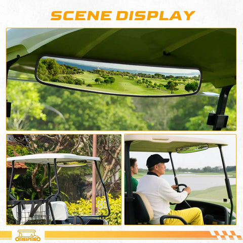Universal Heavy Duty Golf Cart Rear View Mirror showing panoramic view of golf course, designed for optimal safety and clarity.
