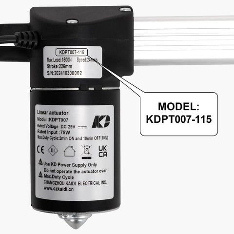 Close-up of Recliner Motor Actuator Replacement Kit For Lift Chair And Couch Systems KDPT007-115, showing 226mm stroke and specifications.