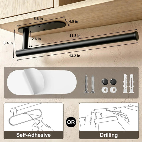 Boost Your Kitchen Game With This Hella Solid Two Pack Paper Towel Holder dimensions displaying self-adhesive and drilling options.