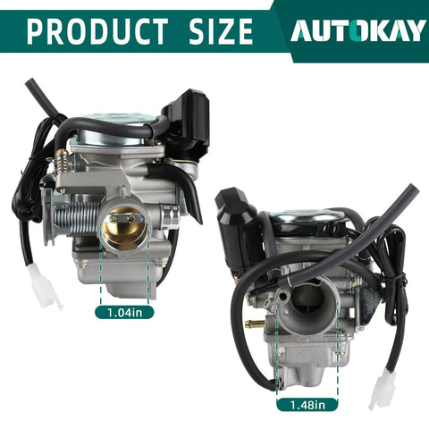 Front and side view of GY6 150Cc Carburetor 26mm Intake for Scooter Go Kart 4 Stroke Engine Replacement with dimensions shown