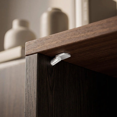 Heavy Duty Spoon Shape 7mm Shelf Pegs 60 Pack Nickel Plated Metal Cabinet Shelf Holders installed in wooden cabinet