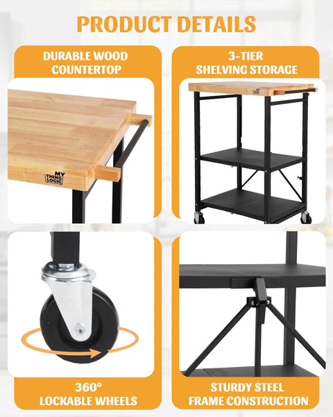 Foldable Kitchen Storage Cart With Solid Oak Top 3 Tier Rolling Metal Utility Rack Lockable Wheels For Microwave Pots And Pans Dishware Meal Prep Zone Kitchen Island On Wheels featuring wood countertop, tier shelves, 360° lockable wheels, and steel frame