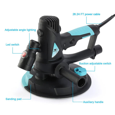Powerful Drywall Sander With Vacuum Handheld 720W 7 Inch Sander Tool featuring adjustable LED light, auxiliary handle, and switches.