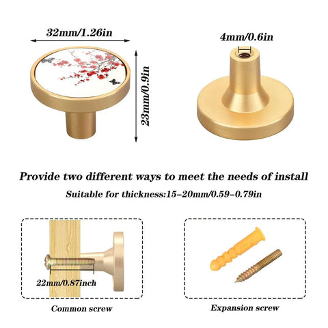 Total Flex For Your Cabinetry With This 4 Pack Of 32mm Golden Metal Drawer Knobs Featuring Asian Ink Red Plum Blossom Designs And Complete Screw Kits For Effortless Installation That Truly Slays - includes installation details.