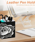 PU Leather Pen Holder Desk Organizer Pencil Cup with rose floral design holding stationery on desk