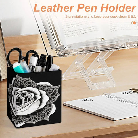 PU Leather Pen Holder Desk Organizer Pencil Cup with rose floral design holding stationery on desk