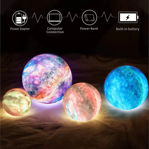 Lit Galaxy Moon Night Light With Stand And Remote, 3D Printed Moon Lamp In 16 Colors, USB Rechargeable, various sizes glowing