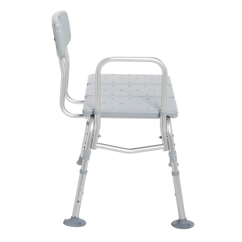 Plastic Bathtub Transfer Bench With Reversible Backrest And Tool Free Assembly featuring adjustable legs, seen from side angle.