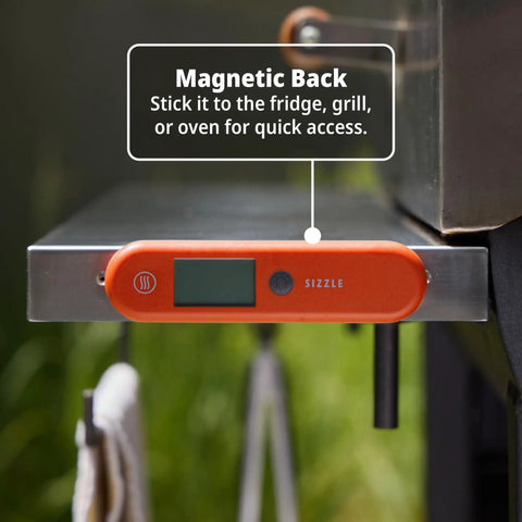 Sizzle Pro Grade Digital Meat Thermometer with Magnetic Back on Grill in Cayenne Pepper Red