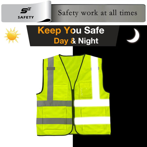 High Visibility Safety Vest With 9 Pockets For Men, Reflective Security Work Vest, ANSI ISEA Class 2 Type R, Yellow, day and night use