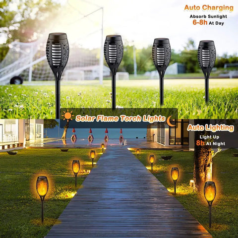 Outdoor Solar Tiki Torch Lights With Realistic Flickering Flame, 8 Pack Waterproof Pathway Garden Candles for patio use.