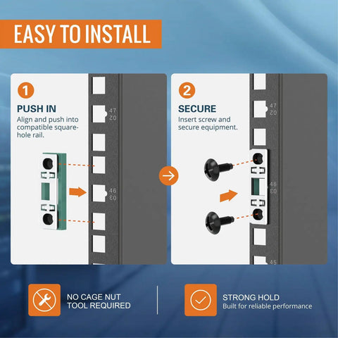 Dead Simple Smart Push In 10 32 Cage Nuts And Rack Screws With Forty Nuts Plus Eighty Bolts Fits One Point Five To Two Mm Square Hole Rails Makes 19 Inch Server Rig Mounting No Sweat At All; installation process image showing push in clips.