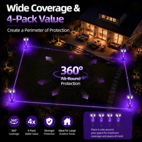 Solar Powered Outdoor Bug Zapper Beast Mosquito Trap For Yard And Garden With Purple And White Lights, Auto On At Dusk, Weatherproof Insect Killer For Patio Backyard Pathway standing in a garden at night providing wide coverage and protection.
