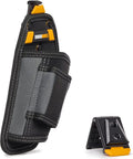 ClipTech Hammer Holster Clip On Belt Tool Holder With Nail Puller Sleeve And Rear Angle Design, black and yellow, side view