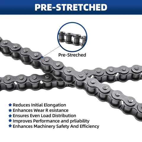 Beefed-Up Size 50 Roller Chain For Heavy Duty Machinery, pre-stretched view, 10 ft, carbon steel, 0.625 pitch, 6,600 lbs tensile strength.