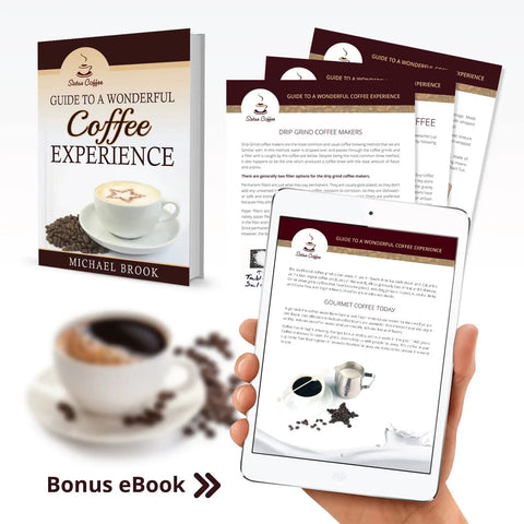 Guide to a Wonderful Coffee Experience book and ebook displayed with coffee cup and beans, highlighting bonus ebook offer.