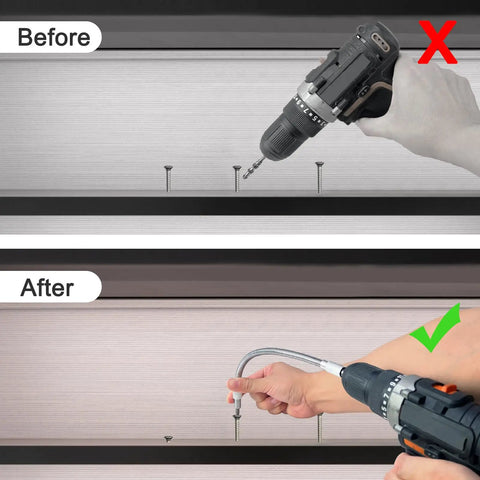 Before and after using Flexible Drill Bit Extension Set With 360 Degree Bendable Design, showing improved access in tight spaces.