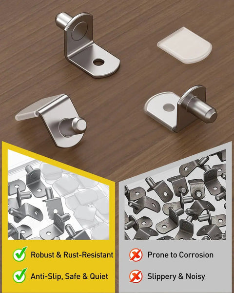 Absolute Game Changer 50 Pack Heavy Duty Shelf Support Pegs With Grippy Rubber Sleeves And Durable Nickel Coating provide various pegs on a wooden surface.