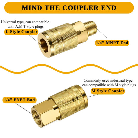 Air Hose Fittings Kit 16 Pc 1/4 In NPT Quick Connect Couplers And Plugs For Pneumatic Tools And Compressors, U and M Style Couplers