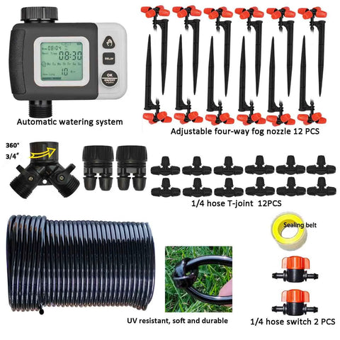 Irrigation Kit Automatic Watering System With Timer 64Ft One Quarter Inch Tubing 12 Rain Spray Watering Nozzles 4 Direction Fog Sprinklers