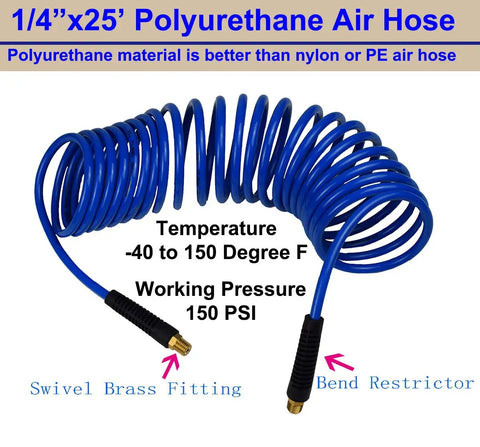Coiled 1/4 inch by 25 ft polyurethane air hose with swivel brass fitting and bend restrictor for heavy duty air compressor kit.