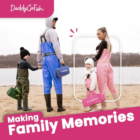 Family in waterproof outfits by the lake, featuring DaddyGoFish gear and fishing poles, making family memories.