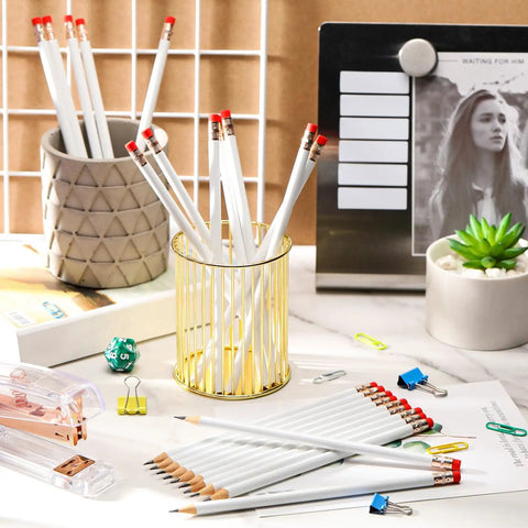 24 Pieces Round Pencils With Erasers HB Graphite Wood Pencils For School, Drawing And Sketching, Office Supplies, arranged on desk