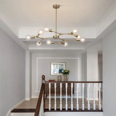 Lit Brushed Brass Sputnik Chandelier With Adjustable Hanging Arms Industrial Flush Mount Ceiling Light Fixture for Living Room