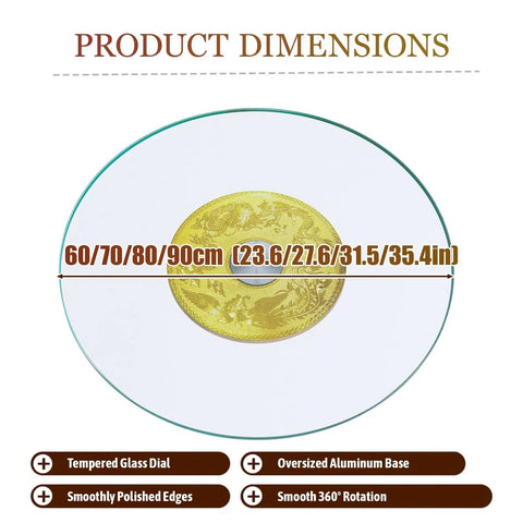 Tempered Glass Lazy Susan Turntable For Dining Tables 360 Degree Silent Rotating Tray dimensions with gold center design.